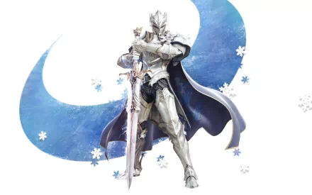 HD PC desktop wallpaper featuring a silver-armored warrior from the video game AION, wielding a sword with a swirling blue and white background accented by snowflakes.