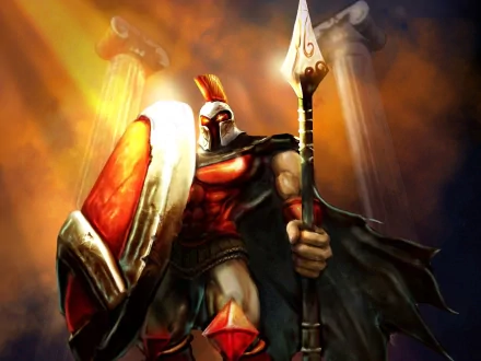 Pantheon (League of Legends) in heroic pose, spear and shield raised against fiery pillars — HD PC desktop wallpaper/background from the video game.