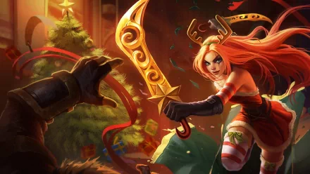 Katarina from League of Legends wields a golden sword, dressed in festive attire, amid a holiday scene with a Christmas tree and gifts, creating a vibrant desktop wallpaper.