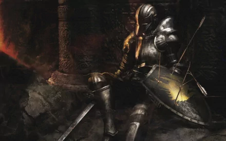 Demon's Souls video game 2K Quad HD PC desktop wallpaper shows an armored knight resting in a ruined, torchlit hall, sword and shield at his side, armor glinting in firelight.