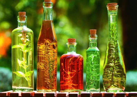 HD desktop wallpaper showcasing glass bottles filled with various herbs and spices infused in liquids against a blurred green natural background.