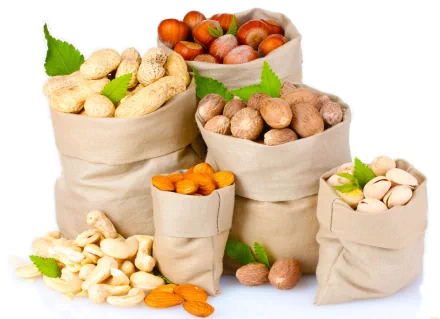 A collection of various nuts displayed in paper bags, with some nuts scattered around. This vibrant image serves as a 4K Ultra HD PC desktop wallpaper and background.