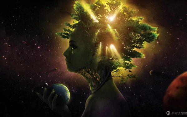 Artistic HD desktop wallpaper depicting a surreal silhouette of a woman with a glowing tree growing from her head, set against a cosmic background.