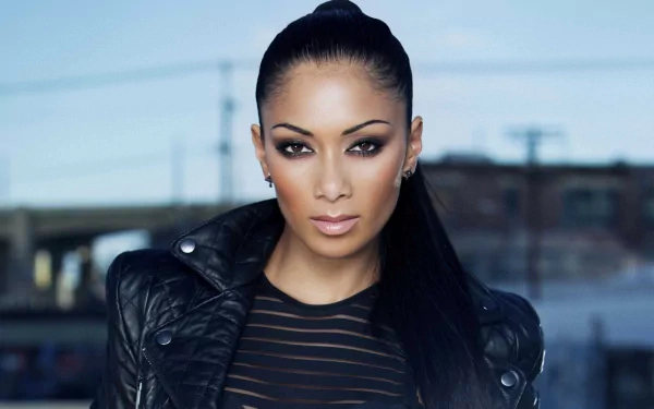 HD PC desktop wallpaper featuring Nicole Scherzinger with a confident pose, blending music-inspired style and urban background.