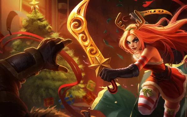Katarina from League of Legends wields a golden sword, dressed in festive attire, amid a holiday scene with a Christmas tree and gifts, creating a vibrant desktop wallpaper.