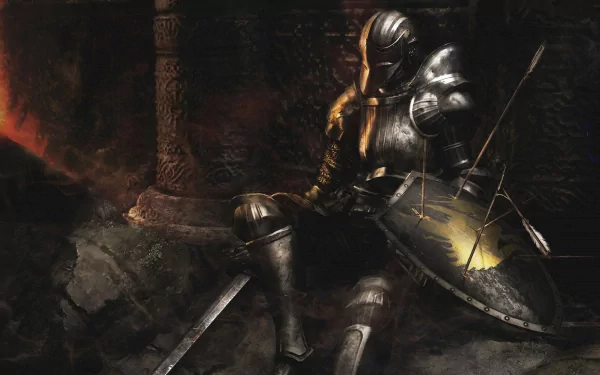 Demon's Souls video game 2K Quad HD PC desktop wallpaper shows an armored knight resting in a ruined, torchlit hall, sword and shield at his side, armor glinting in firelight.