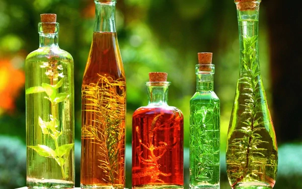 HD desktop wallpaper showcasing glass bottles filled with various herbs and spices infused in liquids against a blurred green natural background.