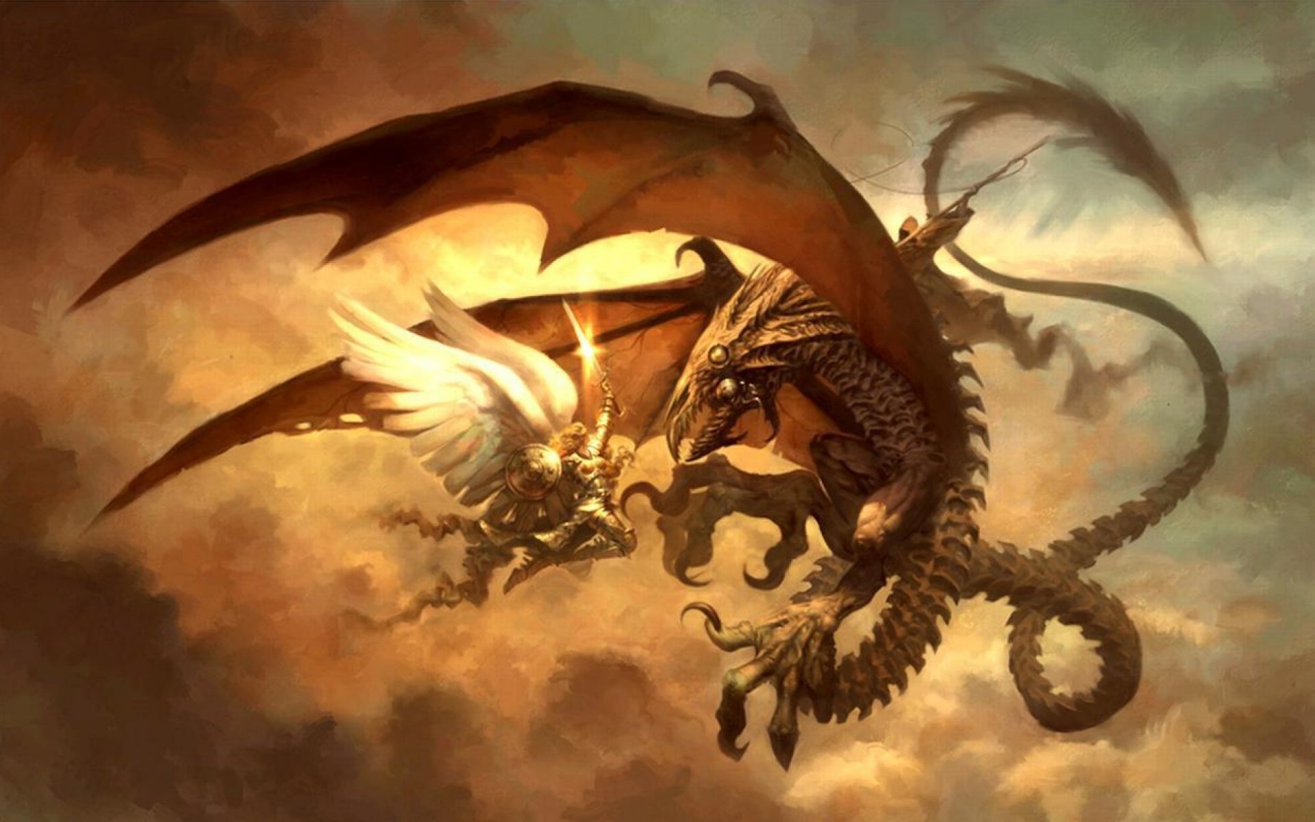 A dramatic fantasy HD PC desktop wallpaper featuring an intense battle between a winged warrior and a large, fierce dragon amid swirling clouds.