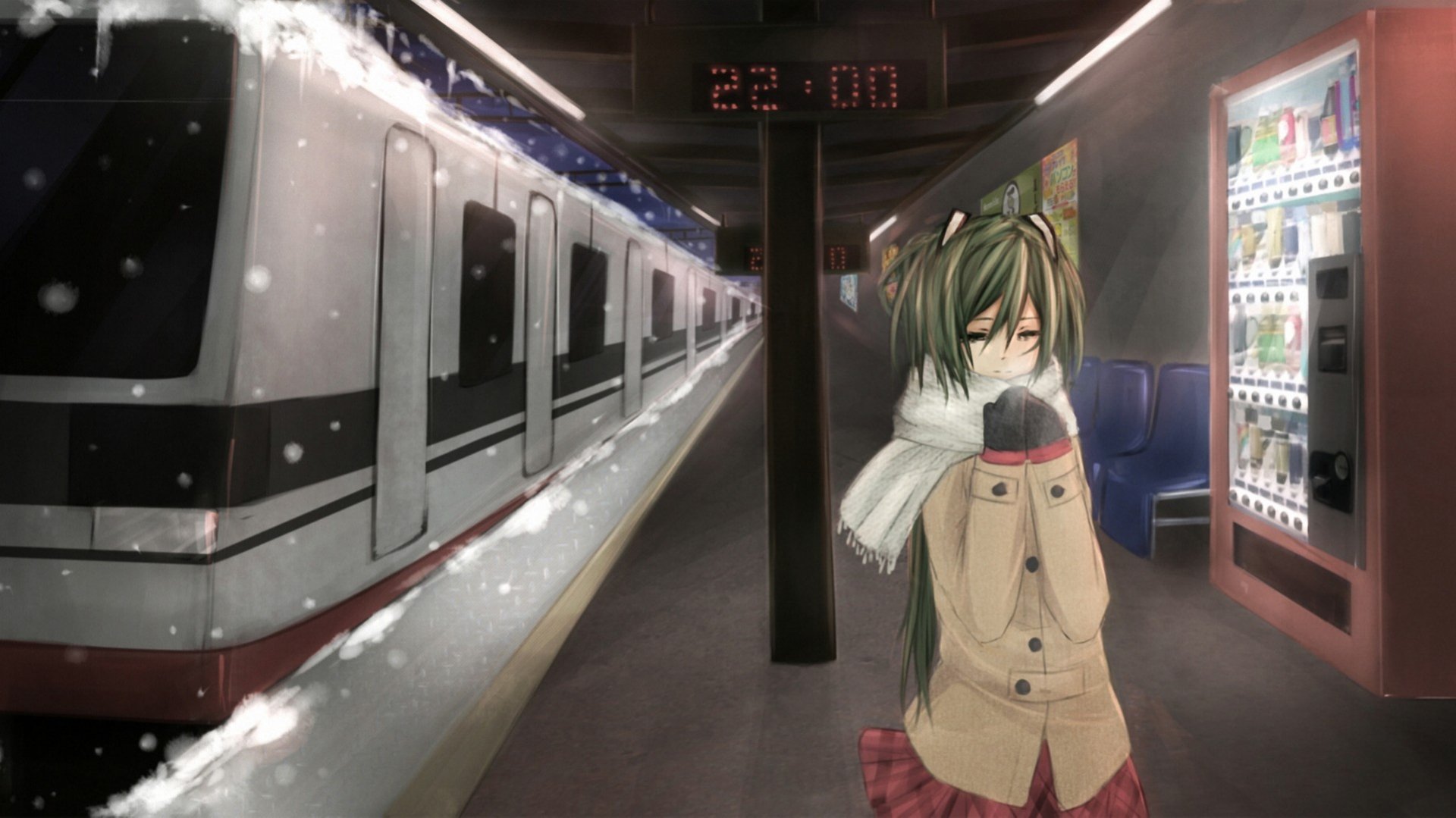 An HD wallpaper featuring Hatsune Miku in a wintery subway scene, surrounded by snow, waiting on a platform at 22:00. The art captures the essence of anime and Vocaloid charm.
