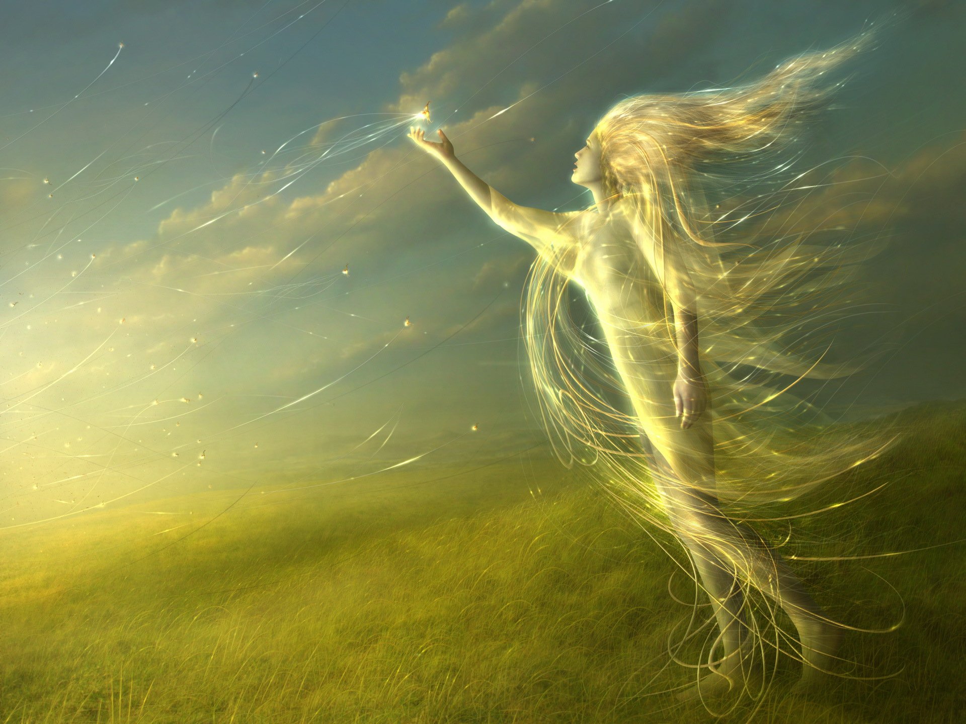 HD fantasy desktop wallpaper featuring a translucent, ethereal woman reaching out amid a glowing, misty landscape with flowing hair and soft light.