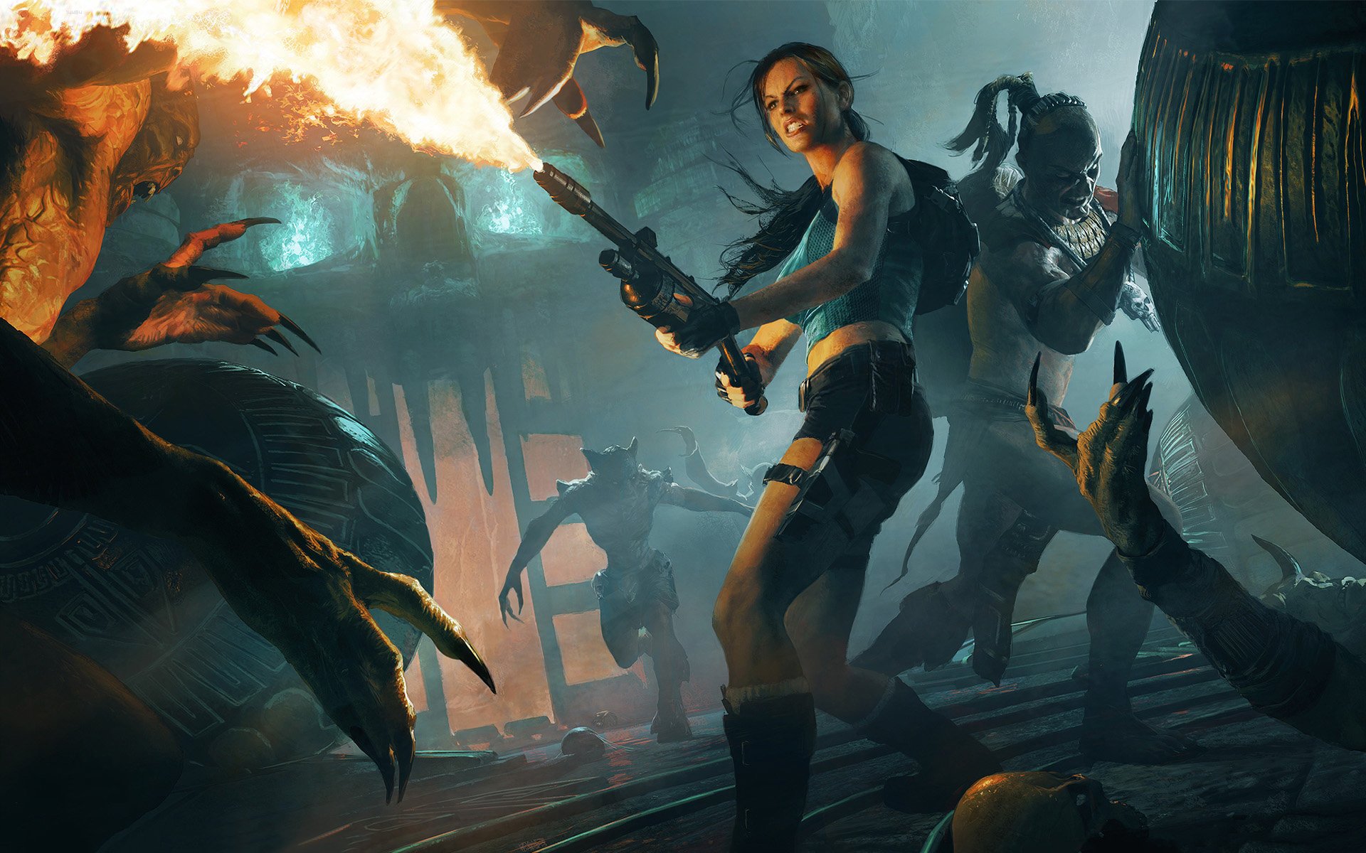 Video game HD PC wallpaper: Lara Croft (Lara Croft and the Guardian of Light) in a torchlit action pose, firing amid shadowy enemies against a dramatic cinematic background.