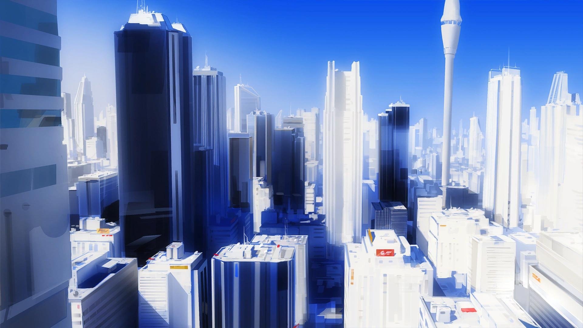 HD PC desktop wallpaper featuring a bright, futuristic cityscape from the video game Mirror's Edge with sleek, towering buildings under a clear blue sky.