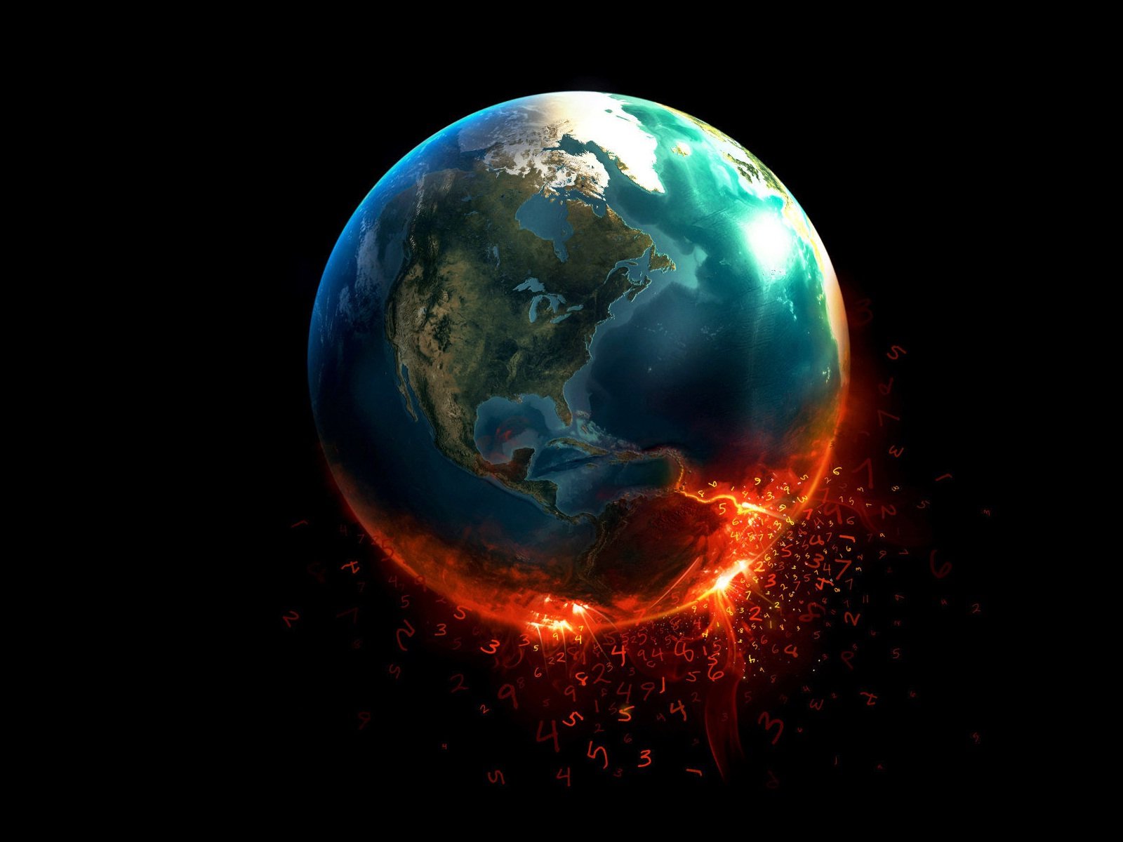 A captivating HD desktop wallpaper featuring Earth, engulfed in flames and mysterious numbers, inspired by the movie Knowing. A striking blend of beauty and impending doom.