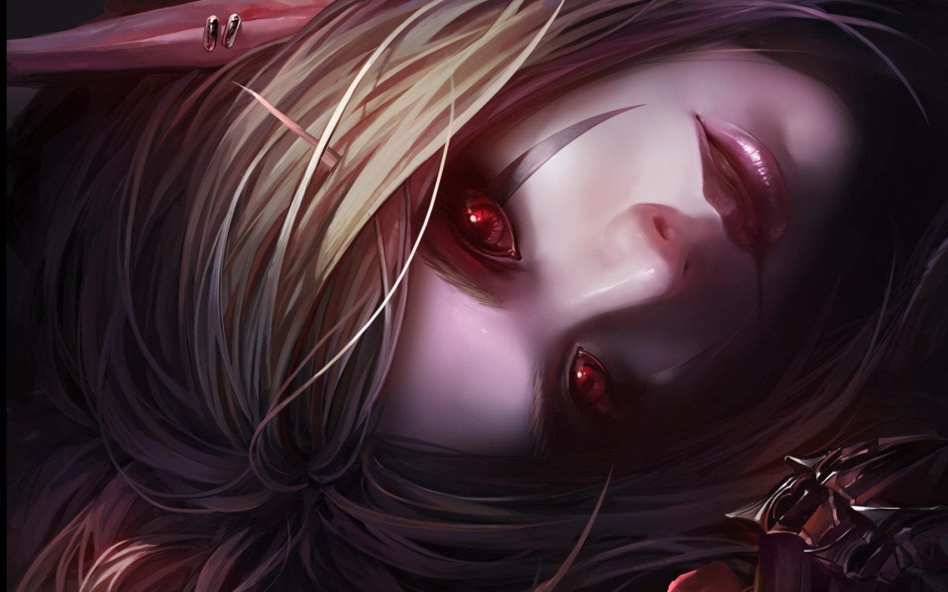 A captivating HD desktop wallpaper featuring a striking character from World of Warcraft, showcasing intense red eyes and detailed hair against a dark background.