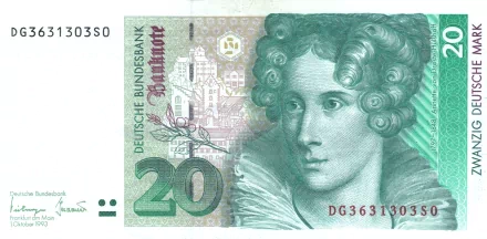5K Ultra HD PC desktop wallpaper showing a man-made Deutsche Mark 20 banknote close-up with a detailed teal-green engraved portrait of a woman and numeric security elements.