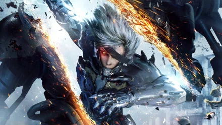 HD desktop wallpaper featuring an action-packed scene from the video game Metal Gear Rising: Revengeance, showing a cybernetic character with silver hair and mechanical enhancements amidst a fierce battle.