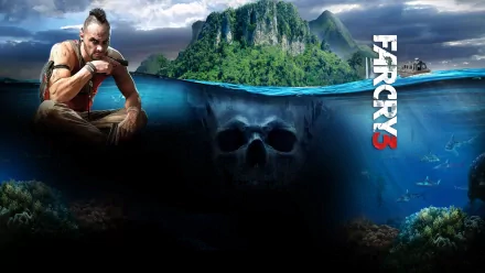 HD PC desktop wallpaper: Far Cry 3 art of Vaas crouched on a tropical island, split view revealing a submerged skull beneath the water and a small boat on the surface.