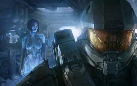 HD PC desktop wallpaper featuring characters from the video game Halo 4, showcasing a futuristic armored soldier and a holographic female figure in a sci-fi setting.