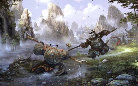 HD desktop wallpaper from the video game World of Warcraft: Mists of Pandaria, depicting two Pandaren warriors engaged in battle in a misty mountainous landscape.