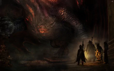A dramatic HD wallpaper from the video game Dragon's Dogma: Dark Arisen, featuring a menacing dragon looming over shadowy figures in a dark, atmospheric setting.