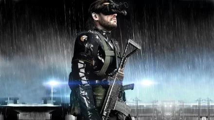 HD PC desktop wallpaper featuring a character from the video game Metal Gear Solid V: Ground Zeroes standing in the rain with tactical gear and a rifle.