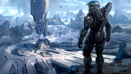 A visually striking HD wallpaper featuring a character in armor from the video game Halo, standing on a futuristic landscape with majestic mountains and advanced technology in the background.