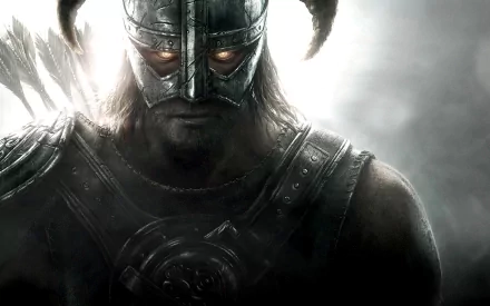 A striking HD wallpaper from The Elder Scrolls V: Skyrim, featuring a fierce warrior in a horned helmet, exuding strength and determination against a dramatic, smoky background.