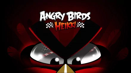 HD PC desktop wallpaper featuring a close-up of a red bird from the Angry Birds video game with the Angry Birds Heikki logo and racing-themed checkered flags.