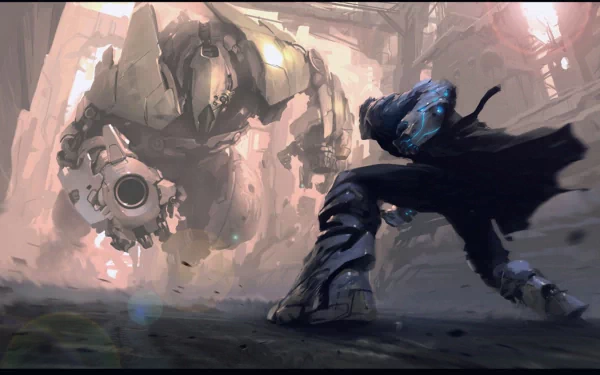 A dynamic sci-fi scene depicting an intense battle, featuring a futuristic warrior facing off against a massive, imposing robot in a striking HD background.
