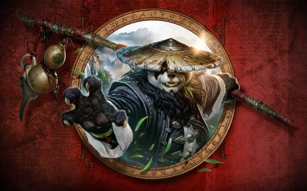 A dynamic HD wallpaper featuring a Kung Fu panda character from the video game World of Warcraft: Mists of Pandaria, set against a striking red background.