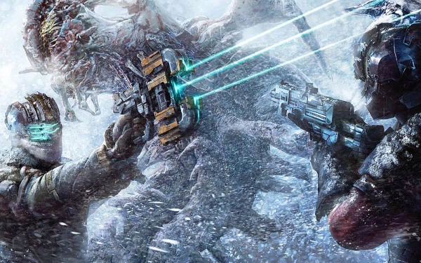 HD PC desktop wallpaper featuring intense combat scenes from the video game Dead Space 3, showcasing characters in futuristic armor battling monstrous creatures.