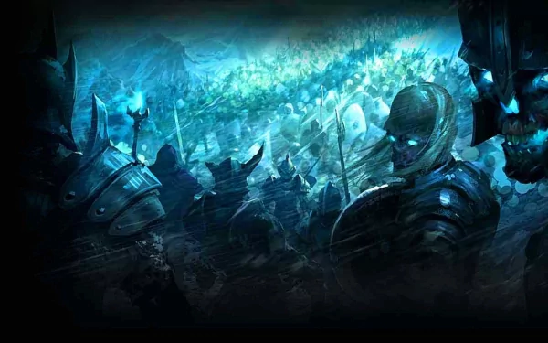 HD desktop wallpaper featuring an epic battle scene from the video game World of Warcraft: Wrath of the Lich King, with armored warriors and a chilling blue atmosphere.