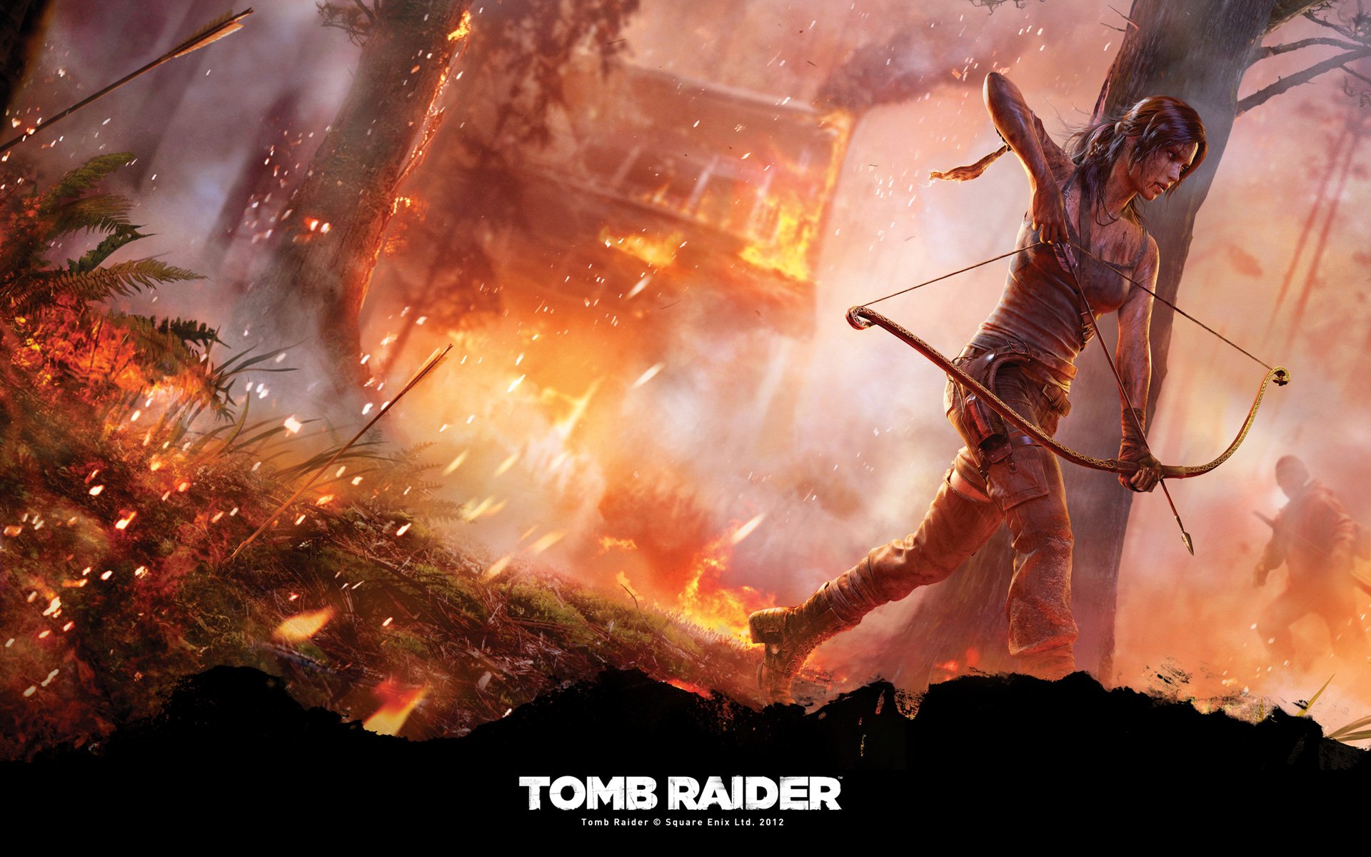 HD PC desktop wallpaper featuring Lara Croft from the video game Tomb Raider, poised with a bow in a fiery, action-packed jungle setting.
