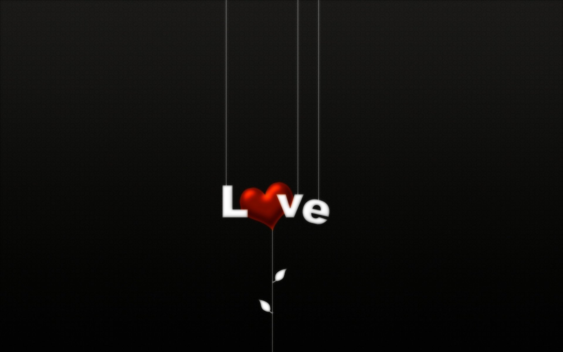 A striking HD desktop wallpaper featuring the word Love in creative typography, accentuated by a red heart and delicate leaves, set against a sleek black background.
