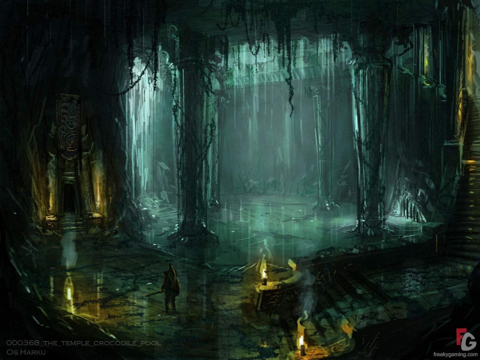 HD PC desktop wallpaper featuring a dark, misty temple scene from the video game Age of Conan, showcasing atmospheric lighting and detailed ancient architecture.