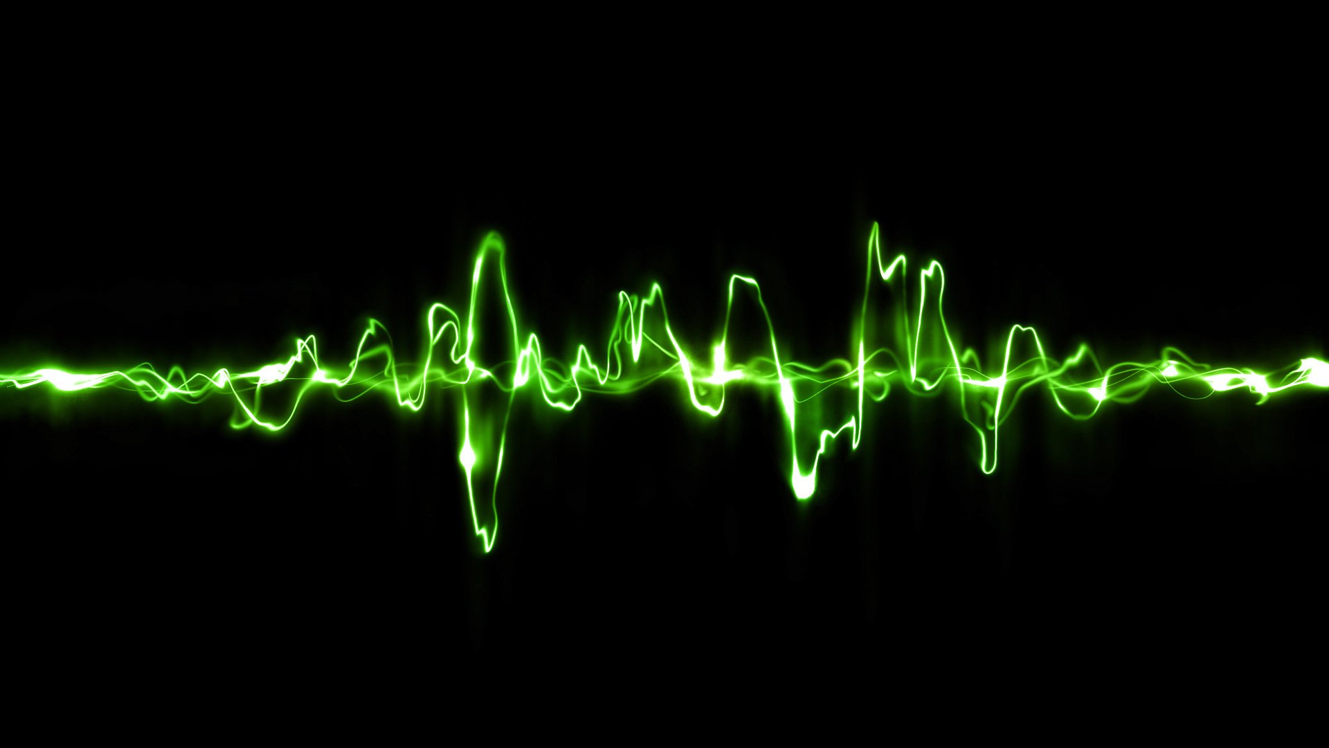 Abstract green neon lines form an irregular waveform against a black background, creating a dynamic HD PC desktop wallpaper.