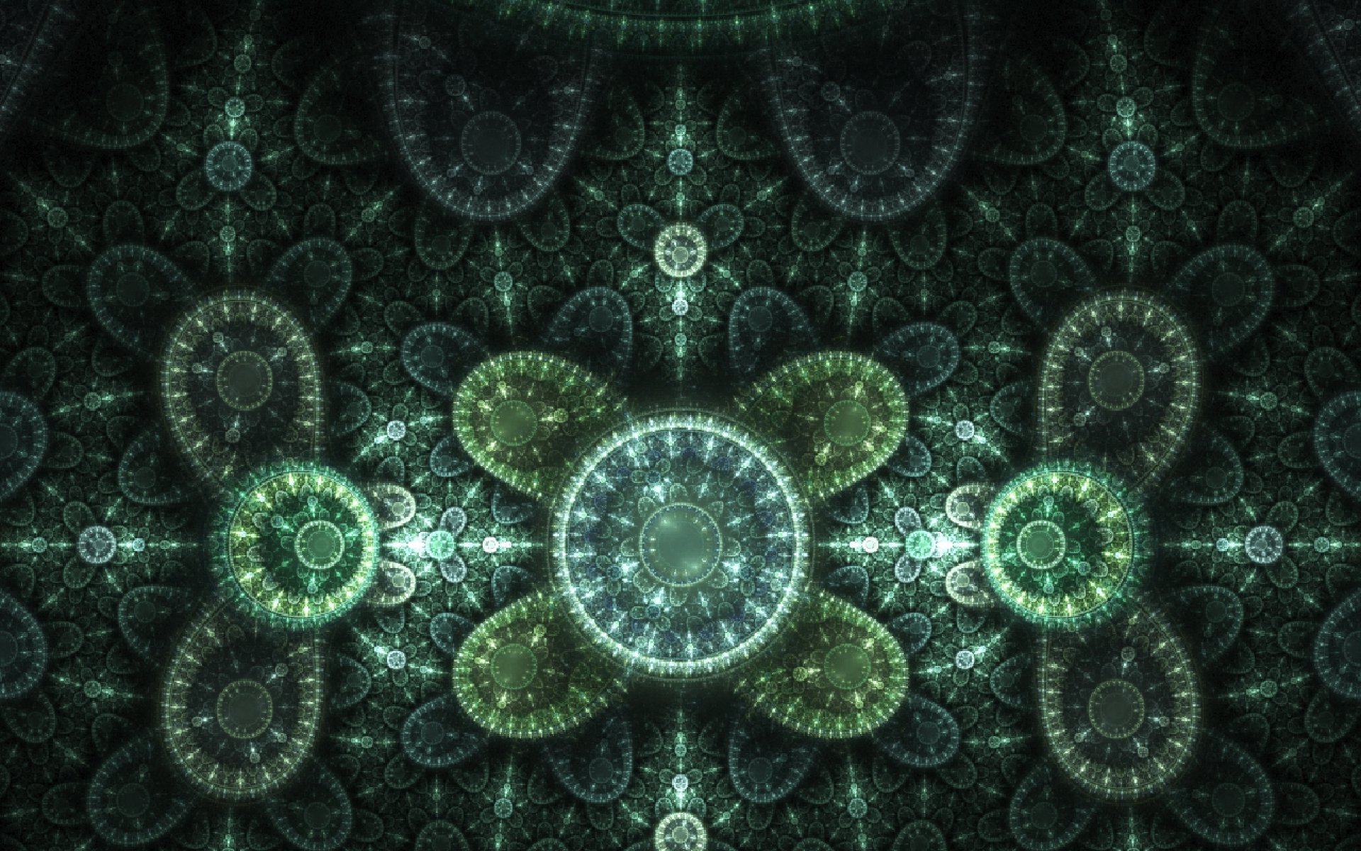 HD PC desktop wallpaper featuring an intricate abstract fractal pattern in deep green and bluish tones with symmetrical, glowing circular designs.