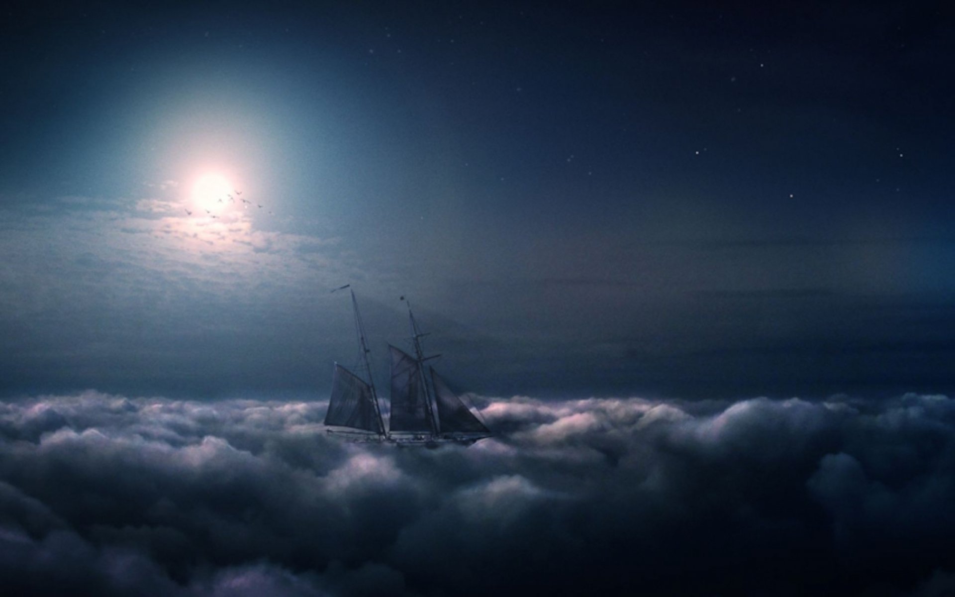 Moonlit Voyage: Fantasy Ship Sailing Through the Clouds HD Wallpaper ...