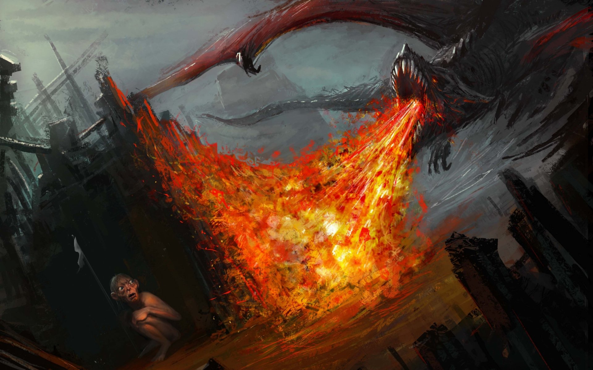 A dramatic HD desktop wallpaper featuring a fiery dragon unleashing flames in a fantasy setting, inspired by The Lord of the Rings, showcasing intense action and vivid colors.