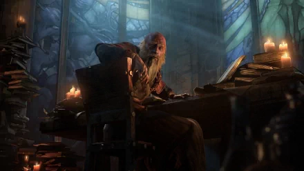Deckard Cain, video game character from Diablo III, sits at a candlelit desk in a stained-glass hall — HD PC desktop wallpaper/background.