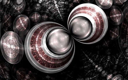 Abstract HD PC desktop wallpaper showing metallic overlapping spheres with red and silver rings and repeating fractal orbs on a dark textured background.