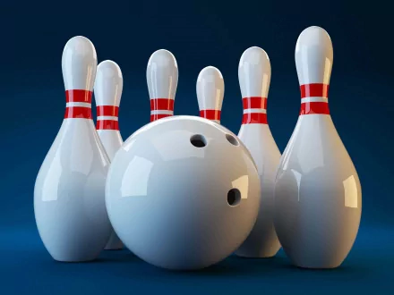 High-resolution 8K Ultra HD PC desktop wallpaper featuring a close-up of white bowling pins and a bowling ball against a deep blue background.
