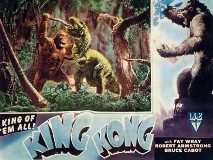 A vibrant HD wallpaper showcasing iconic scenes from the classic 1933 film King Kong, featuring the legendary giant ape in a dramatic jungle showdown.