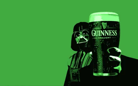 A vibrant HD wallpaper featuring a man in a dark outfit holding a pint of Guinness against a bright green background, highlighting the iconic drink and a playful artistic twist.