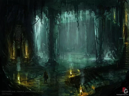 HD PC desktop wallpaper featuring a dark, misty temple scene from the video game Age of Conan, showcasing atmospheric lighting and detailed ancient architecture.