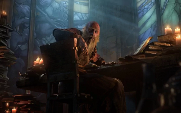 Deckard Cain, video game character from Diablo III, sits at a candlelit desk in a stained-glass hall — HD PC desktop wallpaper/background.