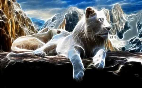 A stunning HD wallpaper featuring a majestic white lion lounging against a picturesque mountainous backdrop, showcasing a captivating blend of colors and textures.