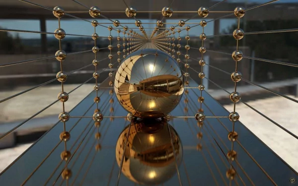Abstract HD PC desktop wallpaper featuring a reflective golden sphere suspended within a geometric grid of smaller spheres, set against an outdoor background.