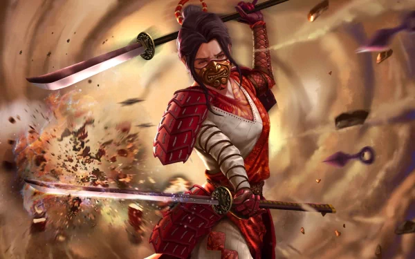 A fierce warrior in red armor wields twin swords amidst a swirling backdrop, embodying the spirit of fantasy in the Legend of the Five Rings. HD PC desktop wallpaper and background.