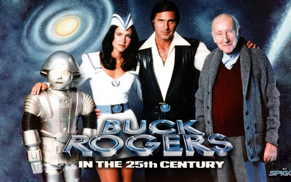 HD PC desktop wallpaper featuring the main characters from the TV show Buck Rogers in the 25th Century against a cosmic background.